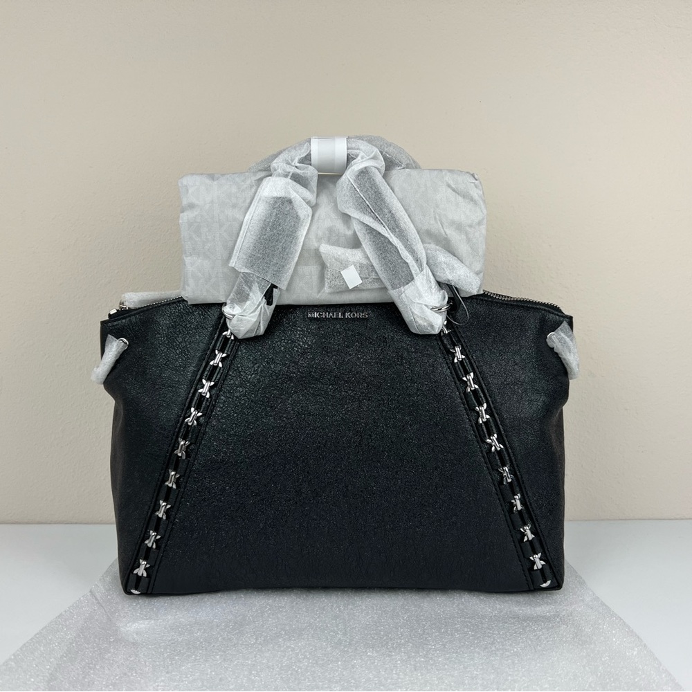 Michael Kors Sadie Metallic crackle leather Large Top-Zip Satchel Black